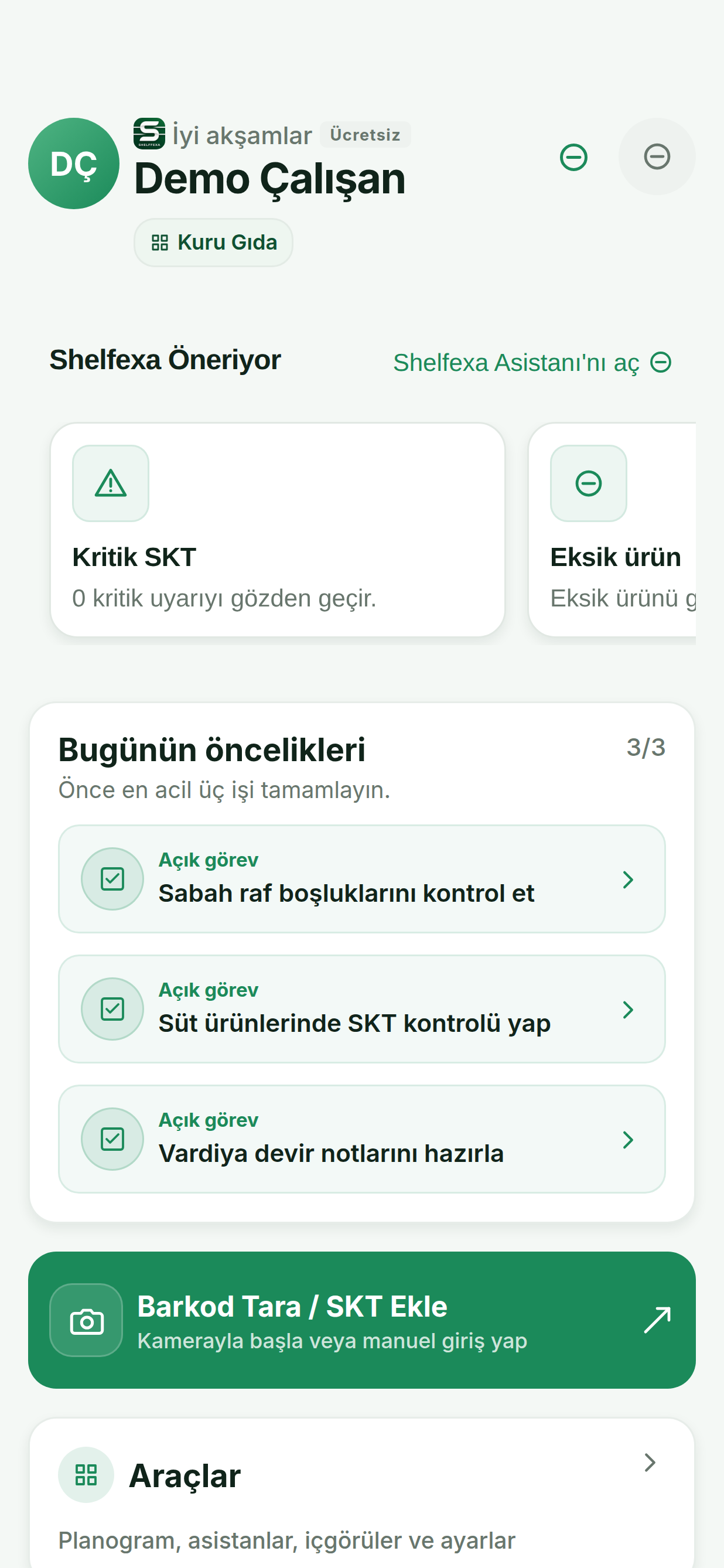 Shelfexa mobile dashboard with daily priorities, expiry attention and task shortcuts.