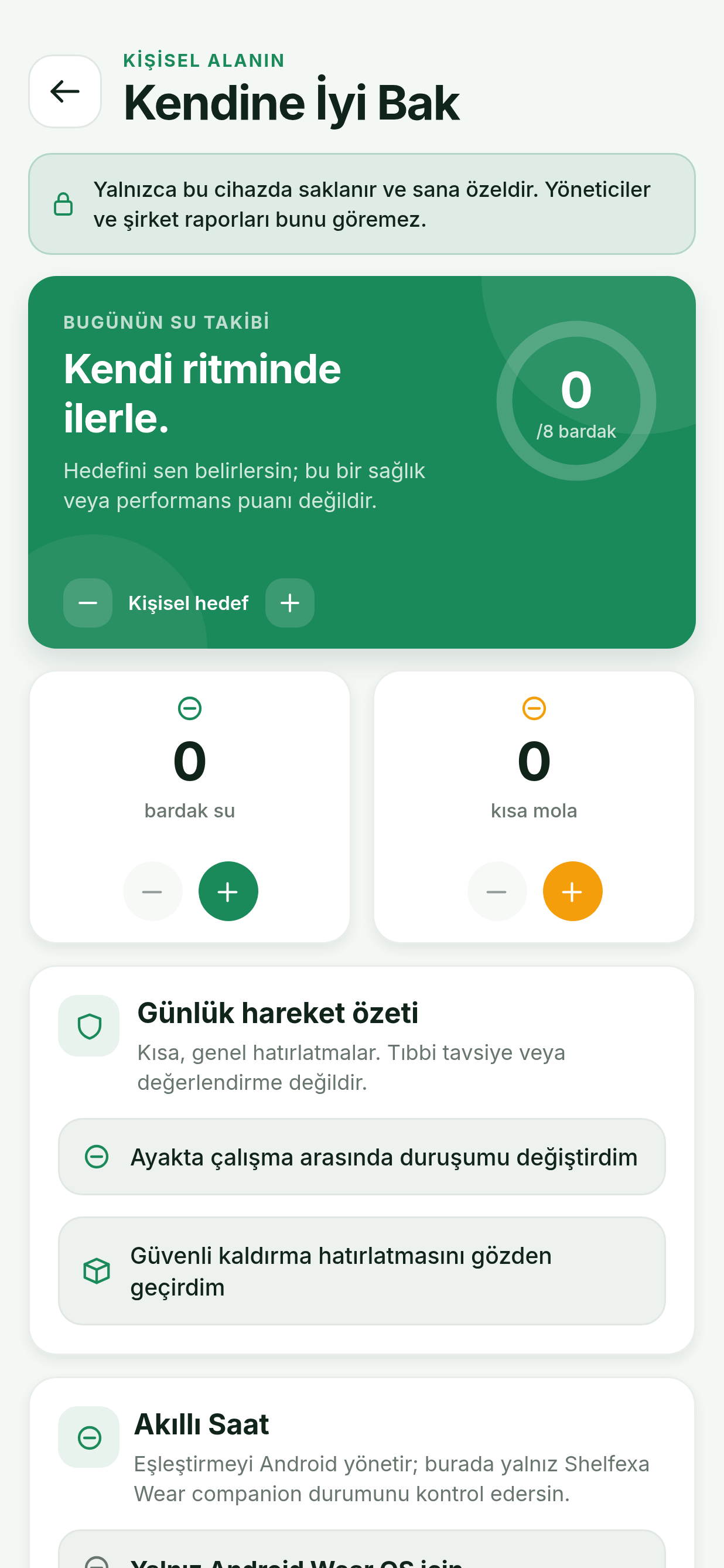 Kendine İyi Bak employee wellbeing screen with daily support and check-in options.